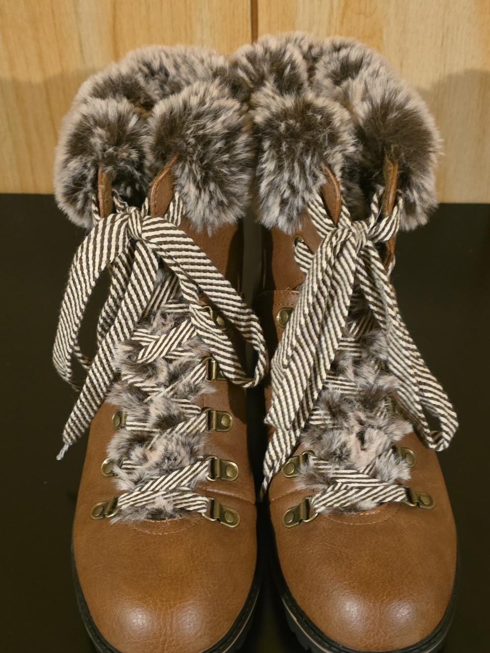 Maurices Brown Faux-Fur Trim Hiker Boots with Striped Laces